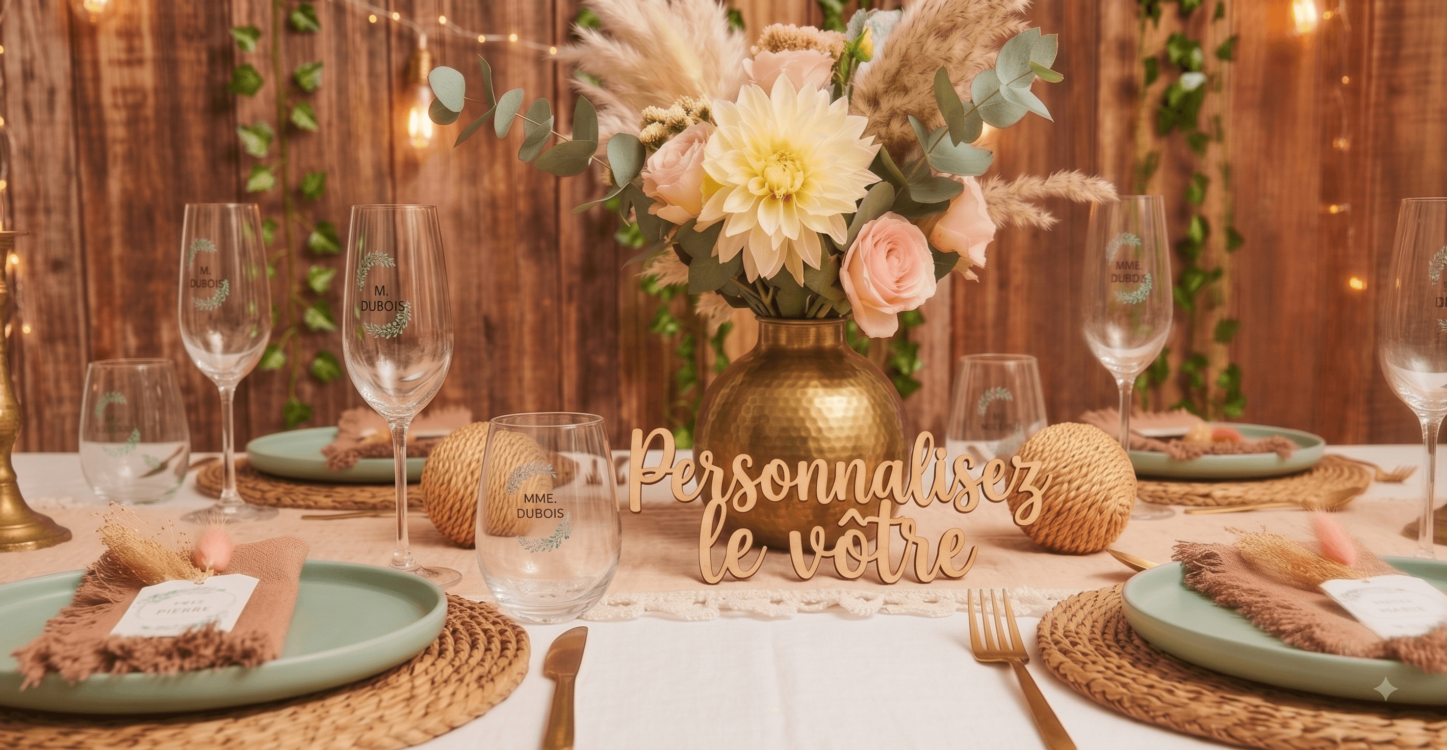 Table de mariage dressée avec des gobelets et verres personnalisés au prénom des mariés
